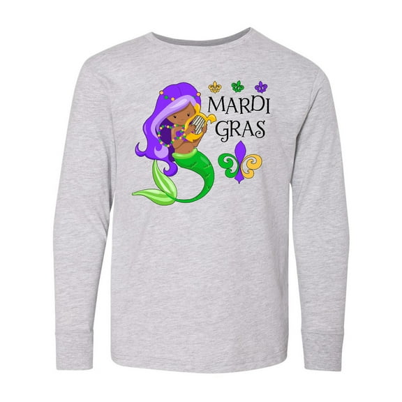 Inktastic Mardi Gras mermaid with harp and beads Long Sleeve Youth T-Shirt