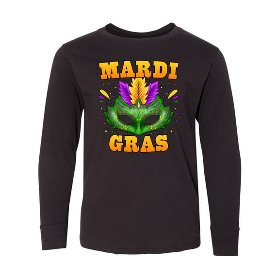 Inktastic Mardi Gras with Green Masquerade Mask Long Sleeve Youth T-Shirt
