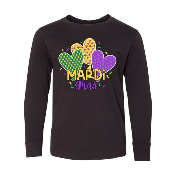 Inktastic Mardi Gras with Hearts and Patterns Long Sleeve Youth T-Shirt