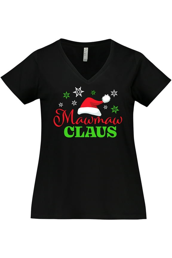 Mawmaw Claus with Christmas Santa Hat and Snowflakes Women's Plus Size V-Neck T-Shirt