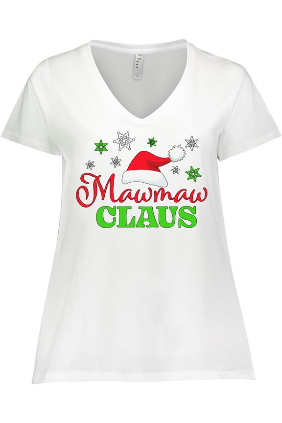 Mawmaw Claus with Christmas Santa Hat and Snowflakes Women's Plus Size V-Neck T-Shirt