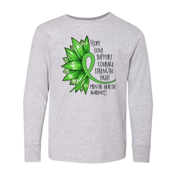 Inktastic Mental Health Awareness Green Sunflower Ribbon Long Sleeve Youth T-Shirt