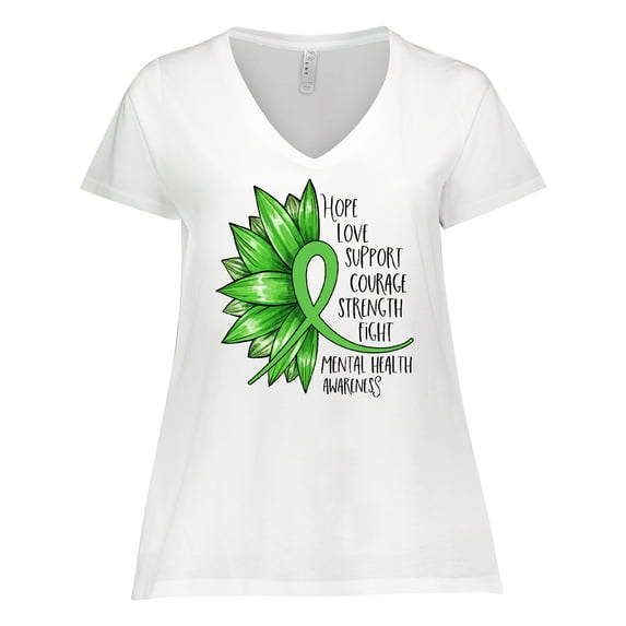 Inktastic Mental Health Awareness Green Sunflower Ribbon Women's Plus Size V-Neck T-Shirt