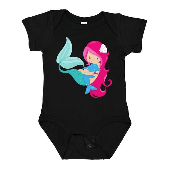 Inktastic Mermaid And Dolphin, Mermaid With Pink Hair Girls Baby Bodysuit