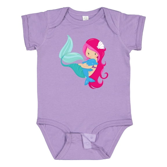 Inktastic Mermaid And Dolphin, Mermaid With Pink Hair Girls Baby Bodysuit