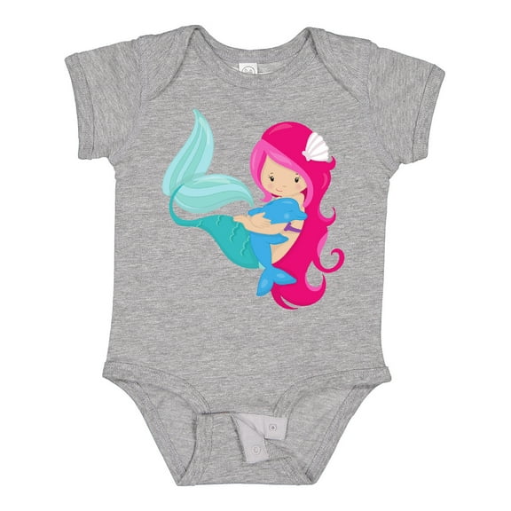 Inktastic Mermaid And Dolphin, Mermaid With Pink Hair Girls Baby Bodysuit