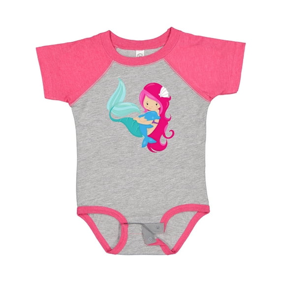 Inktastic Mermaid And Dolphin, Mermaid With Pink Hair Girls Baby Bodysuit