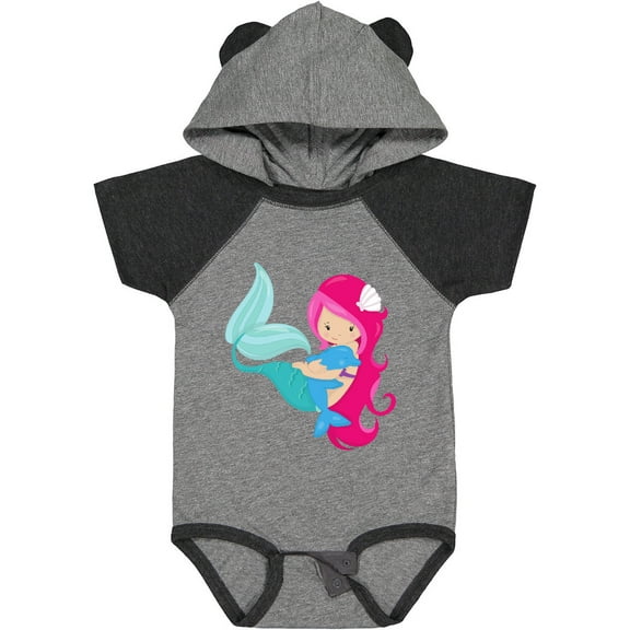 Inktastic Mermaid And Dolphin, Mermaid With Pink Hair Girls Baby Bodysuit