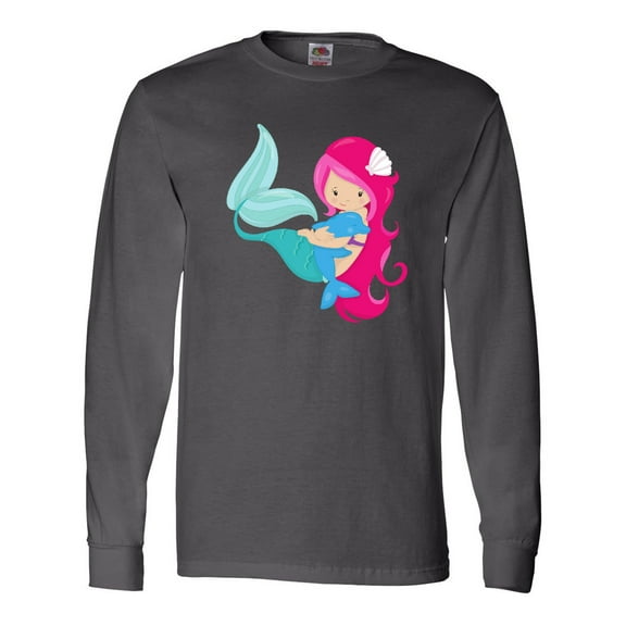 Inktastic Mermaid And Dolphin, Mermaid With Pink Hair Long Sleeve T-Shirt