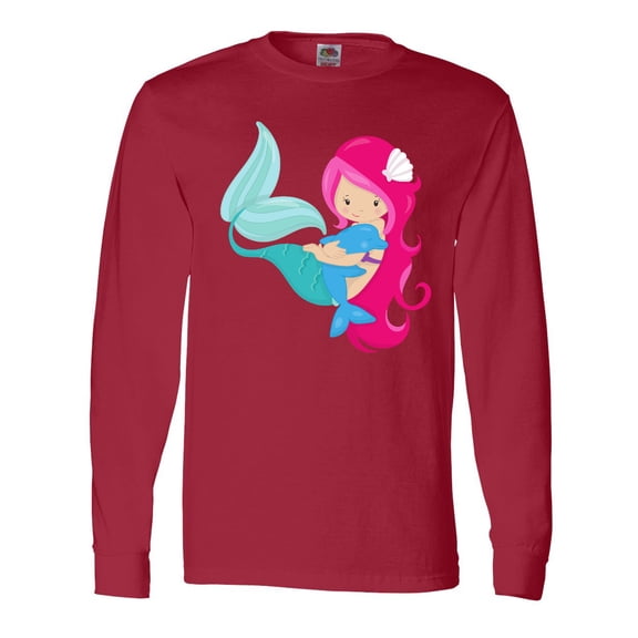 Inktastic Mermaid And Dolphin, Mermaid With Pink Hair Long Sleeve T-Shirt
