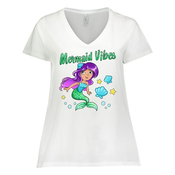Inktastic Mermaid Vibes- cute mermaid with green tail Women's Plus Size V-Neck T-Shirt