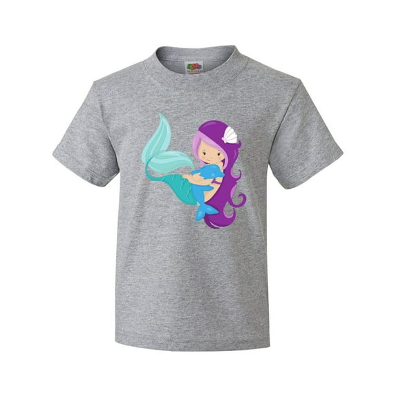 Inktastic Mermaid and Dolphin, Mermaid with Purple Hair Youth T-Shirt