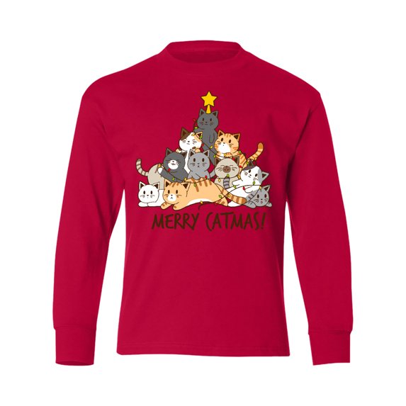 Inktastic Merry Catmas with Cat Tree and Yellow Star Long Sleeve Youth T-Shirt