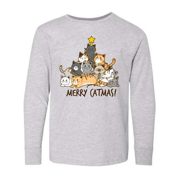 Inktastic Merry Catmas with Cat Tree and Yellow Star Long Sleeve Youth T-Shirt