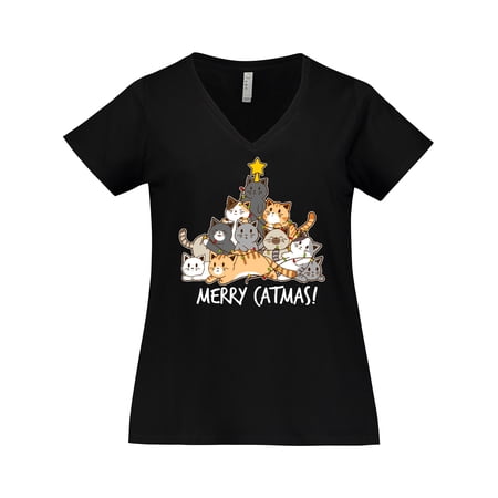 Inktastic Merry Catmas with Cat Tree and Yellow Star Women's Plus Size V-Neck T-Shirt