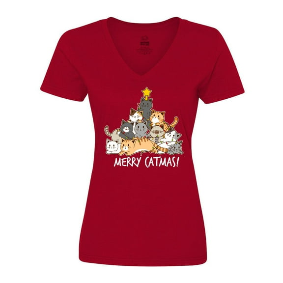 Inktastic Merry Catmas with Cat Tree and Yellow Star Women's V-Neck T-Shirt