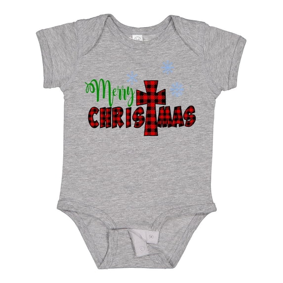 Inktastic Merry Christmas Buffalo Plaid Cross with Snowflakes Boys or Girls Baby Bodysuit