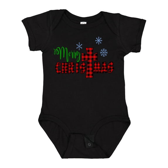 Inktastic Merry Christmas Buffalo Plaid Cross with Snowflakes Boys or Girls Baby Bodysuit