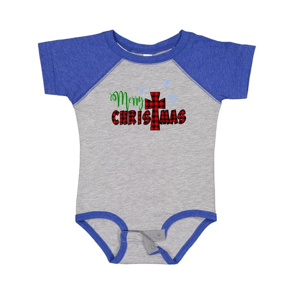 Inktastic Merry Christmas Buffalo Plaid Cross with Snowflakes Boys or Girls Baby Bodysuit