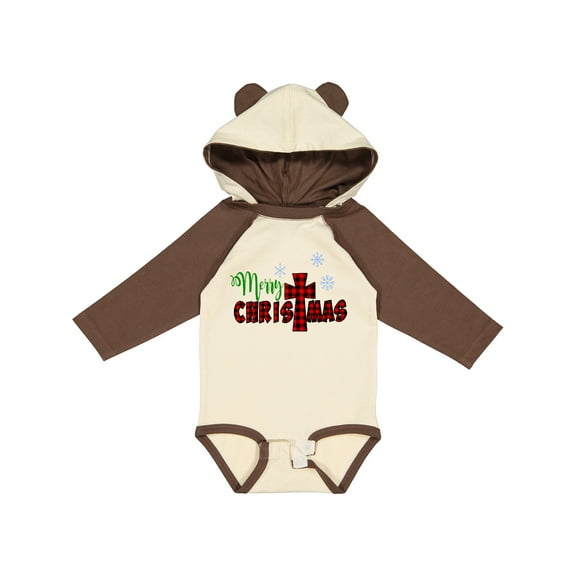 Inktastic Merry Christmas Buffalo Plaid Cross with Snowflakes Boys or Girls Long Sleeve Baby Bodysuit