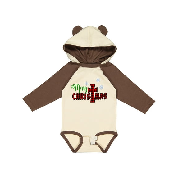Inktastic Merry Christmas Buffalo Plaid Cross with Snowflakes Boys or Girls Long Sleeve Baby Bodysuit