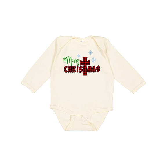 Inktastic Merry Christmas Buffalo Plaid Cross with Snowflakes Boys or Girls Long Sleeve Baby Bodysuit