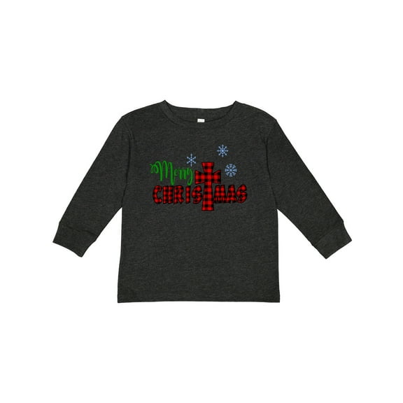 Inktastic Merry Christmas Buffalo Plaid Cross with Snowflakes Boys or Girls Long Sleeve Toddler T-Shirt
