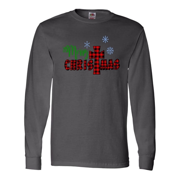 Inktastic Merry Christmas Buffalo Plaid Cross with Snowflakes Long Sleeve T-Shirt