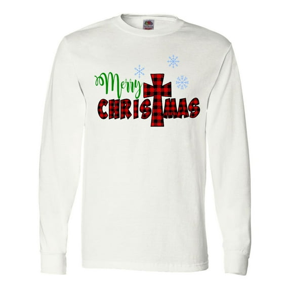 Inktastic Merry Christmas Buffalo Plaid Cross with Snowflakes Long Sleeve T-Shirt