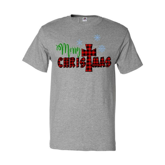 Inktastic Merry Christmas Buffalo Plaid Cross with Snowflakes T-Shirt