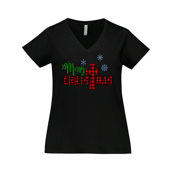 Inktastic Merry Christmas Buffalo Plaid Cross with Snowflakes Women's Plus Size V-Neck T-Shirt