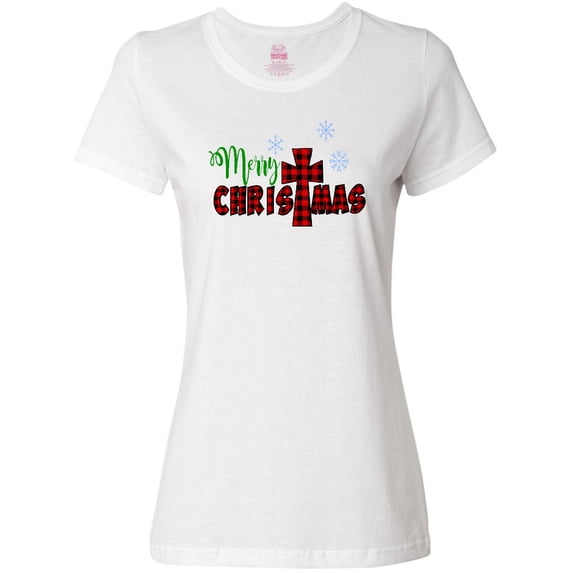 Inktastic Merry Christmas Buffalo Plaid Cross with Snowflakes Women's T-Shirt
