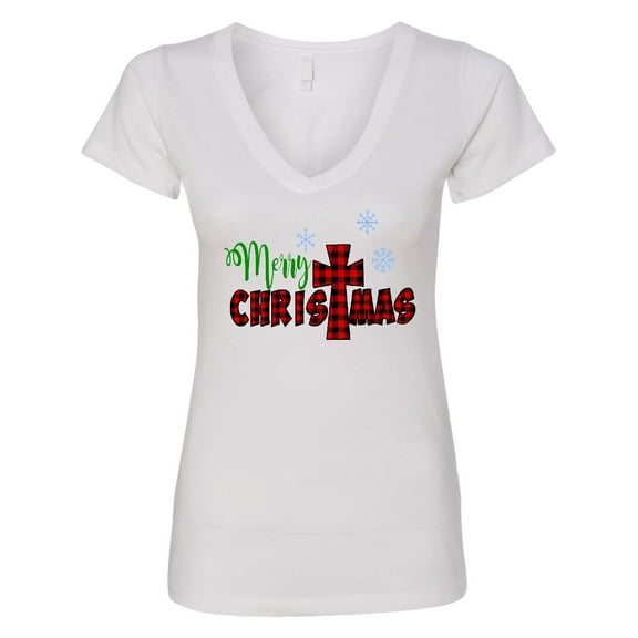 Inktastic Merry Christmas Buffalo Plaid Cross with Snowflakes Women's V-Neck T-Shirt