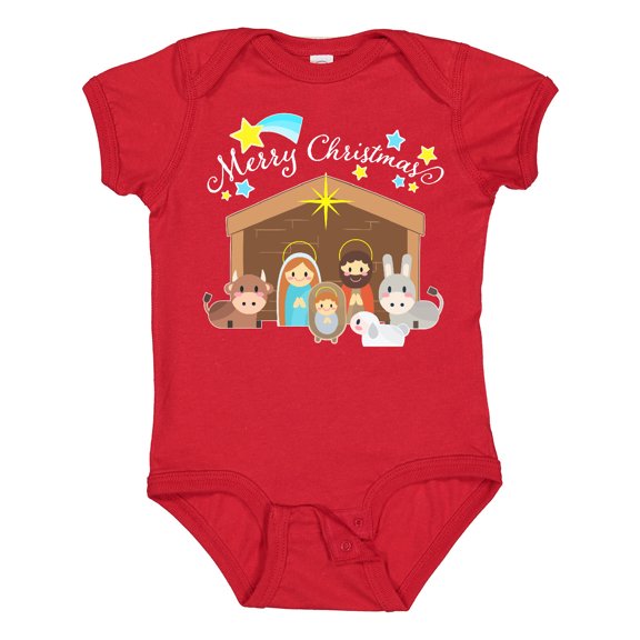 Inktastic Merry Christmas Cute Nativity Scene Boys or Girls Baby Bodysuit