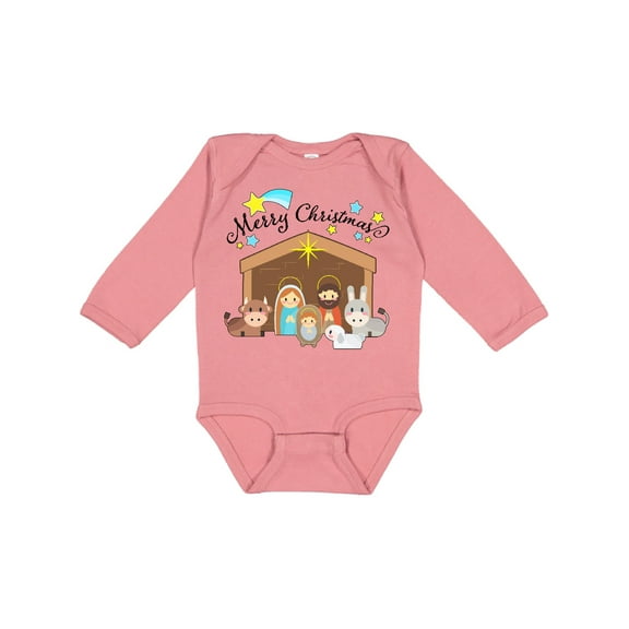 Inktastic Merry Christmas Cute Nativity Scene Boys or Girls Long Sleeve Baby Bodysuit