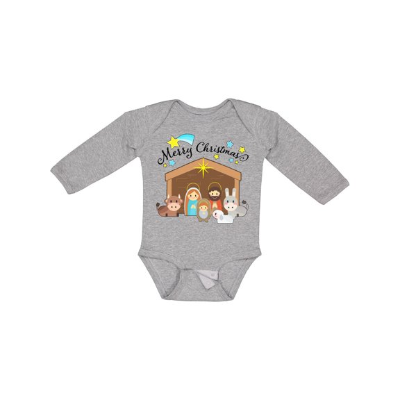 Inktastic Merry Christmas Cute Nativity Scene Boys or Girls Long Sleeve Baby Bodysuit