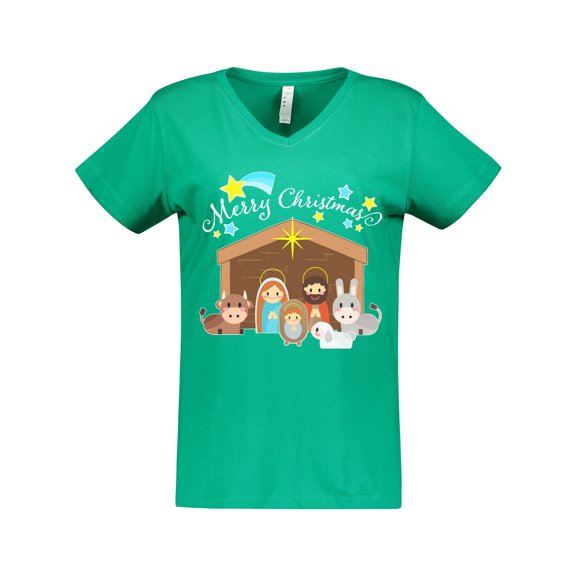Inktastic Merry Christmas Cute Nativity Scene Women's V-Neck T-Shirt