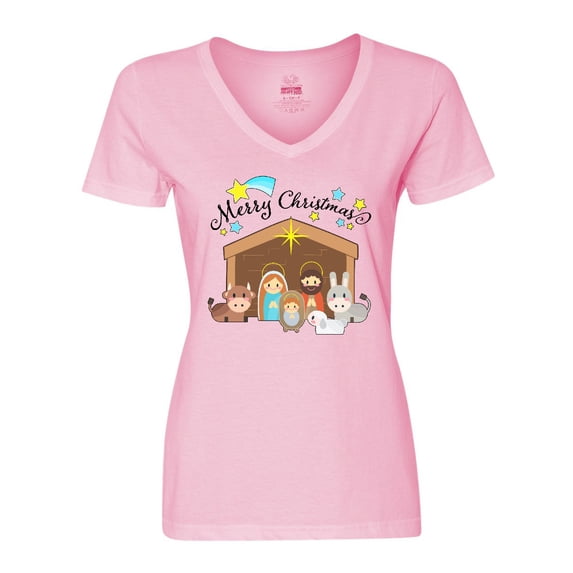 Inktastic Merry Christmas Cute Nativity Scene Women's V-Neck T-Shirt