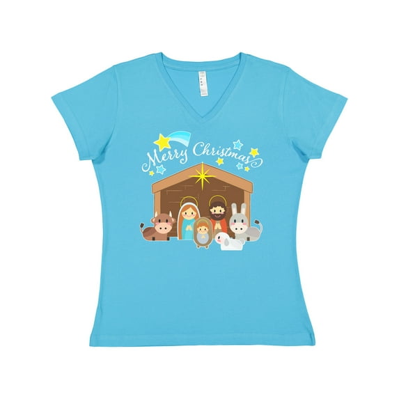 Inktastic Merry Christmas Cute Nativity Scene Women's V-Neck T-Shirt