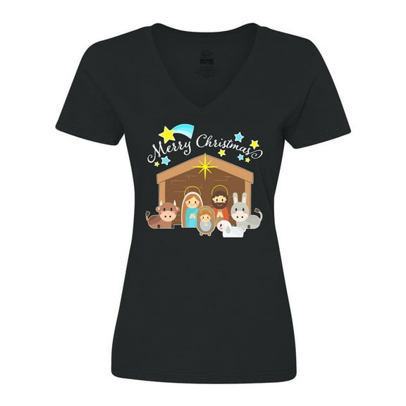 Inktastic Merry Christmas Cute Nativity Scene Women's V-Neck T-Shirt