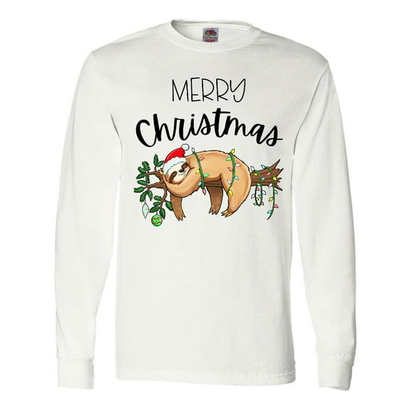 Inktastic Merry Christmas Cute Sloth with Santa Hat and Lights Long Sleeve T-Shirt