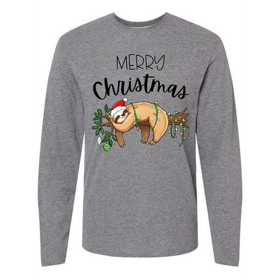 Inktastic Merry Christmas Cute Sloth with Santa Hat and Lights Long Sleeve T-Shirt