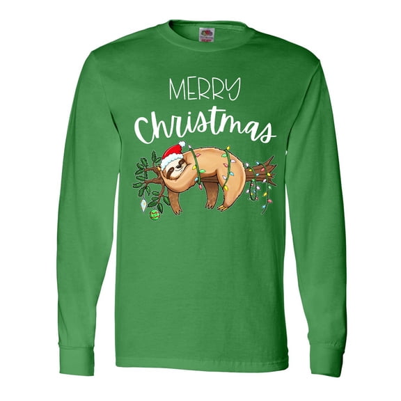 Inktastic Merry Christmas Cute Sloth with Santa Hat and Lights Long Sleeve T-Shirt