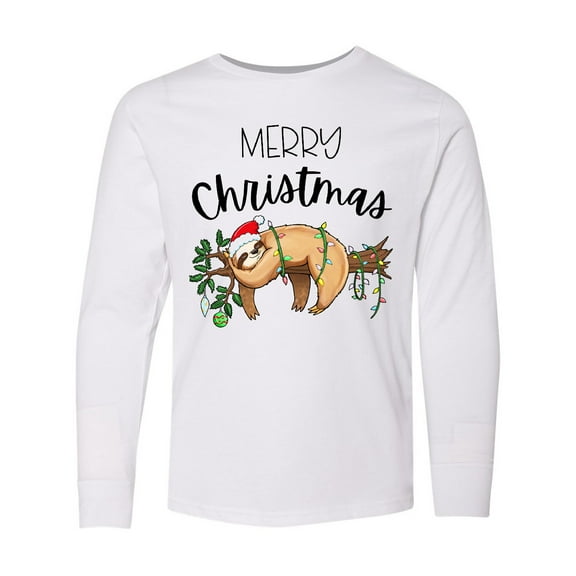 Inktastic Merry Christmas Cute Sloth with Santa Hat and Lights Long Sleeve Youth T-Shirt