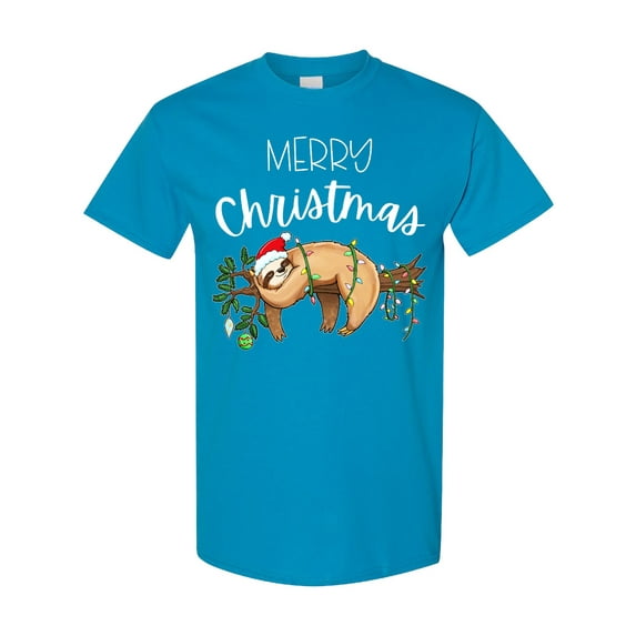 Inktastic Merry Christmas Cute Sloth with Santa Hat and Lights T-Shirt