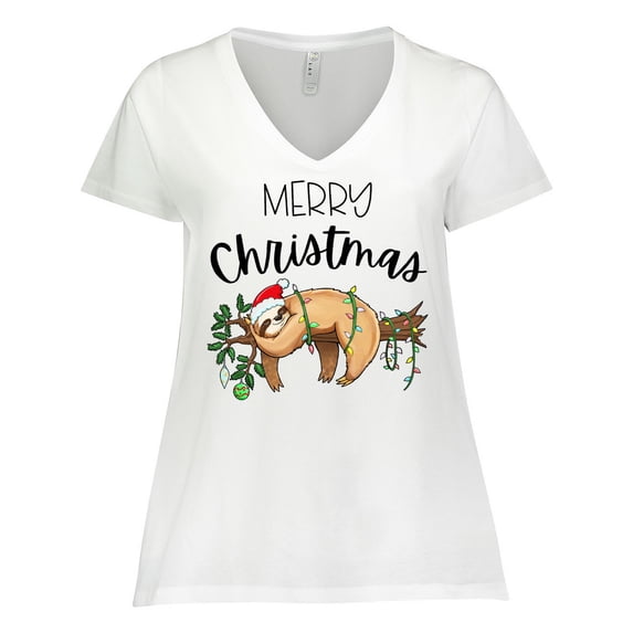 Inktastic Merry Christmas Cute Sloth with Santa Hat and Lights Women's Plus Size V-Neck T-Shirt