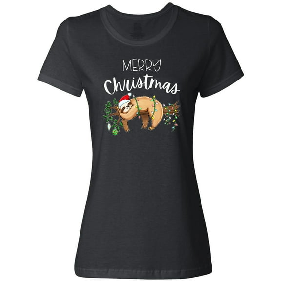 Inktastic Merry Christmas Cute Sloth with Santa Hat and Lights Women's T-Shirt