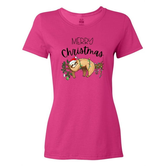 Inktastic Merry Christmas Cute Sloth with Santa Hat and Lights Women's T-Shirt