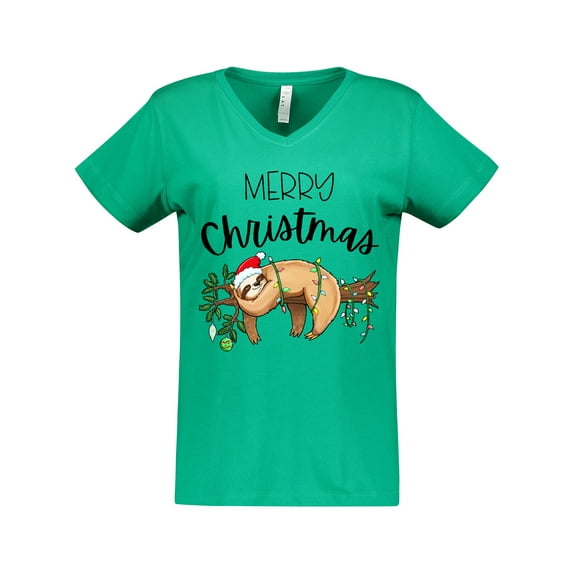 Inktastic Merry Christmas Cute Sloth with Santa Hat and Lights Women's V-Neck T-Shirt
