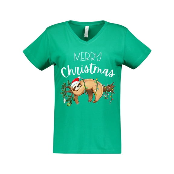 Inktastic Merry Christmas Cute Sloth with Santa Hat and Lights Women's V-Neck T-Shirt